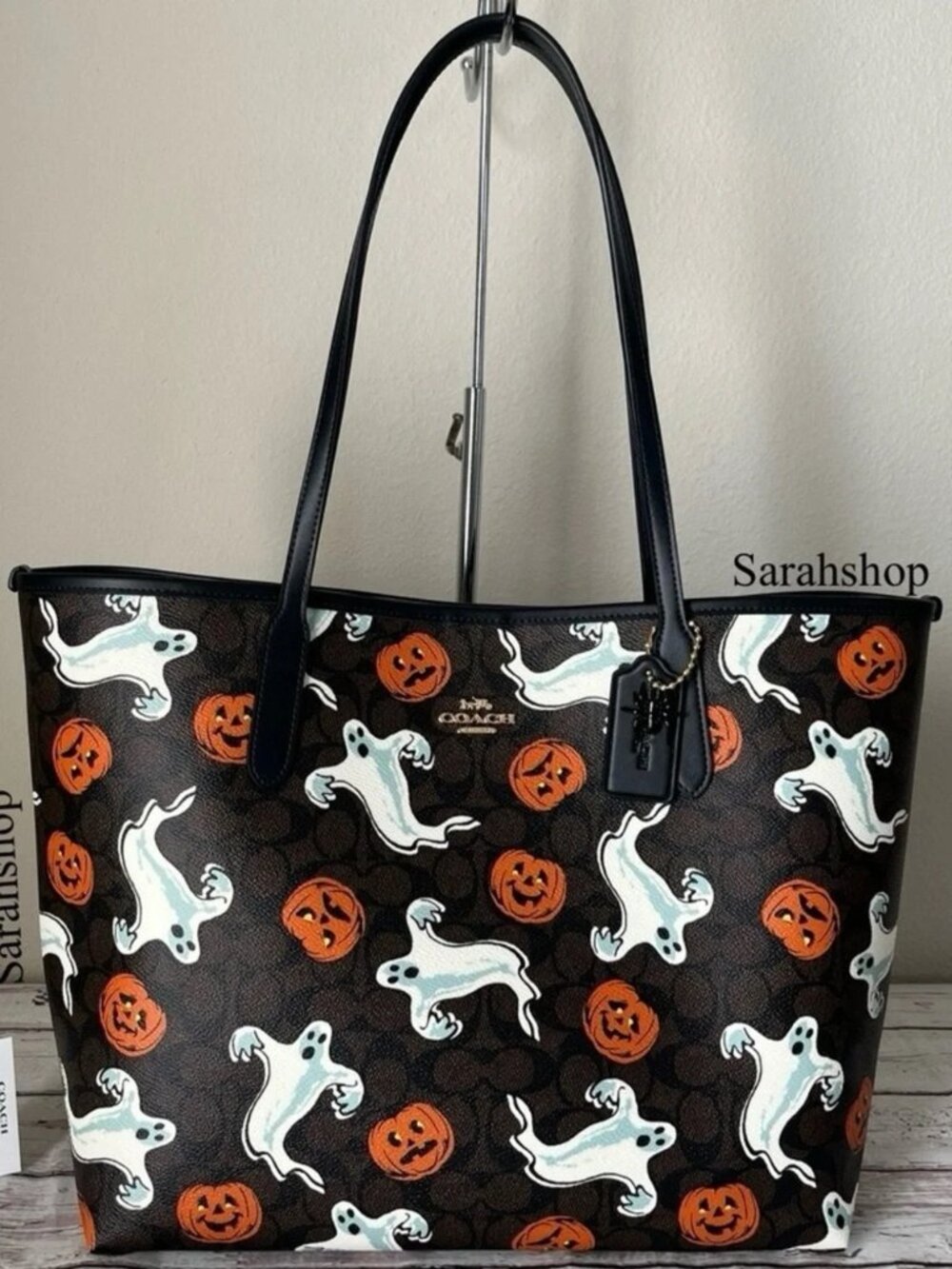 NWT Coach City Tote Bag With Pumpkin Halloween Print CCE69 In Walnut Black